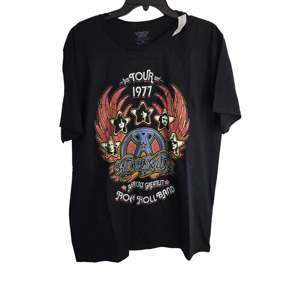 Aerosmith 1977 Tour Rock & Roll Band Black Graphic Tee Men's T-shirt XL NWT